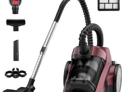 Canister Vacuum Cleaner, 45Kpa 1600W Bagless Canister Vacuum, 4Qt Large Dust Cup, Variable Speed Control, 5 Tools, Lightweight Canister Vacuum for Home, Pet, Carpet, Hard Floor, Red