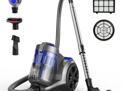 1700W Canister Vacuum Cleaner, 45Kpa Bagless Vacuum Cleaner, Multi-Cyclonic Filtration, 2 Anti-Allergen HEPA Filters, 3.5QT Dust Cup, 4 Tools, Corded Vacuum for Hard Floor, Pet Hair, Wisteria