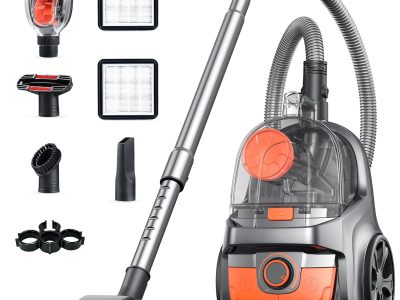 Canister Vacuum, Upgraded 1600W Bagless Canister Vacuum Cleaner, Auto Cord Rewind, H13 HEPA Filter, 4Qt Large Capacity, 5 Tools for Hard Floors, Carpet, Pet, Upholstery, Tiles, Tangerine